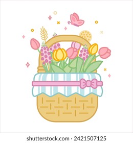 Basket with spring flowers and butterfly isolated on white background. C