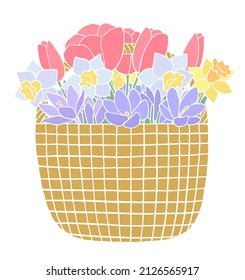 Korb mit Frühlingsblumen: Krokus, Narzissen und Tulpen