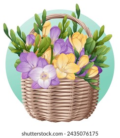 Basket with spring flowers on isolated background. Vector illustration of a freesia bouquet in a wicker basket. Gift for Women's Day, Mother's Day, etc.