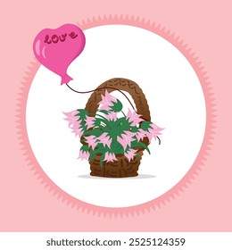 A basket with spring flowers and a tied heart-shaped balloon with the love inscription, St.Valentine's day, greeting card