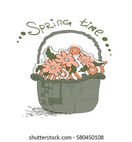 Basket of spring flowers, vector illustration