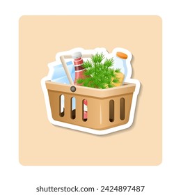 Basket sticker illustration. Milk, bottle, dill, handle. Editable vector graphic design.