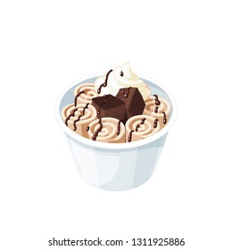 Basket of stir fried chocolate ice cream rolls under chocolate topping and whipped cream decorated with brownie. Vector illustration cartoon flat icon isolated on white.