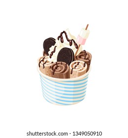 Basket of stir fried chocolate ice cream rolls under chocolate topping and whipped cream decorated with cookies and marshmallows. Vector illustration cartoon flat icon isolated on white.