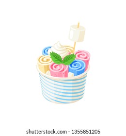Basket of stir fried colorful ice cream rolls under whipped cream decorated with mint leaves and marshmallows. Vector illustration cartoon flat icon isolated on white.