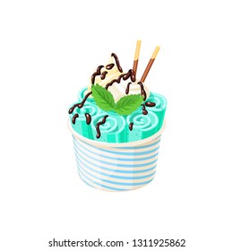 Basket of stir fried green ice cream rolls under chocolate topping and whipped cream decorated with mint leaves. Vector illustration cartoon flat icon isolated on white.