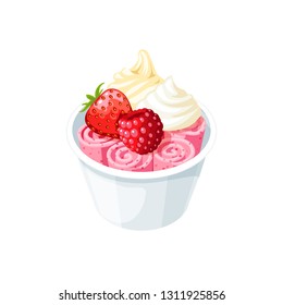 Basket of stir fried pink ice cream rolls under whipped cream decorated with berries of raspberry and strawberry. Vector illustration cartoon flat icon isolated on white.