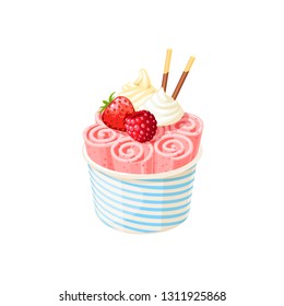 Basket of stir fried pink ice cream rolls under whipped cream decorated with berries of raspberry and strawberry. Vector illustration cartoon flat icon isolated on white.