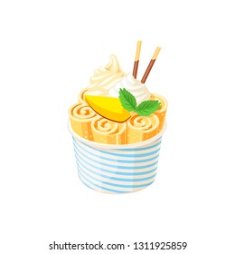 Basket of stir fried yellow ice cream rolls under whipped cream decorated with mango slice. Vector illustration cartoon flat icon isolated on white.