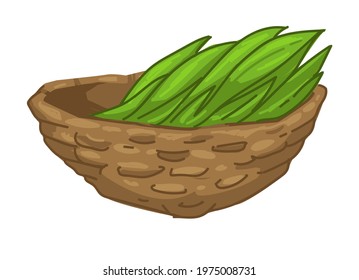 Basket of straw with vegetables or grass gathered on field or meadow. Gathering culture of prehistoric civilizations, picking and growing food on soil. Healthy eating diet vector in flat style