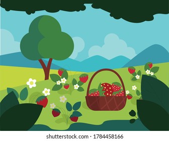 cesta de fresas entre los árboles