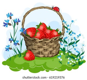 Basket of strawberries on a green meadow with meadow flowers