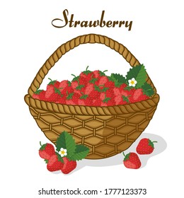 Basket of strawberries ripe juicy sweet berries.Template for menu or banner for healthy eating. Vector flat design. Landing page.