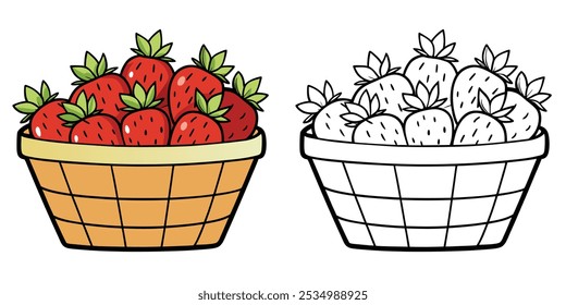 Basket Of Strawberries Vector Outline Coloring Page For Kids. Fruits Coloring Printable