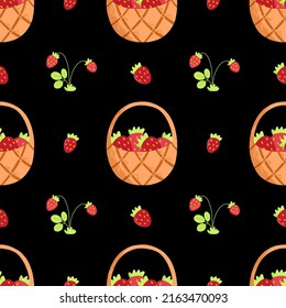 Cesta con fresa en patrón vectorial sin fisuras con fondo negro.