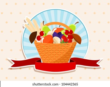 basket with summer fruits - apples, pears, mushrooms, strawberries, blackberries, cherries  and wheat - vector illustration