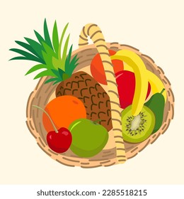 A basket with summer fruits. Pineapple, bananas, green apple, cherry, kiwi, oranges, avocado. Bright vector illustration. For fruit bars, cafes, menus