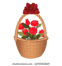 Uma cesta de rosas vermelhas brilhantes e elegantes com um arco escarlate no punho. Ilustração vetorial isolada em um fundo branco.