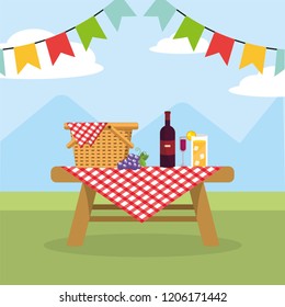 basket in the table with wine and lemonade glass