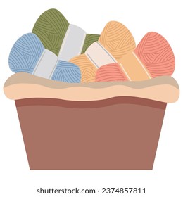 basket with threads for knitting of different colors