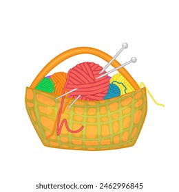 Basket with threads and knitting needles. Handmade work, hobby, needlework. Tangles of different colors with wool for knitting in basket. Tools for knitwork, handicraft, crocheting.Vector illustration