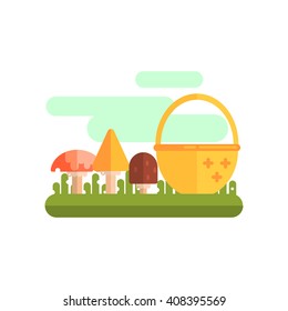 Basket And Three Mushrooms Primitive Style Graphic Colorful Flat Vector Image On White Background