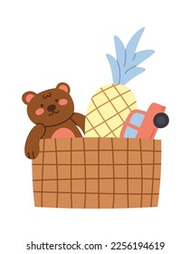 Cesta con un icono plano de juguetes. Ilustración del vector
