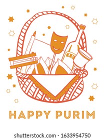 Basket with traditional Purim objects. Mask, food and wine, scroll, rattle. Hand drawn outline vector sketch illustration