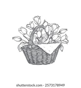 Basket with tulips. Hand drawn sketch style springtime flowers. Best for easter and birthday postcards and posters. Vector illustration isolated on white.