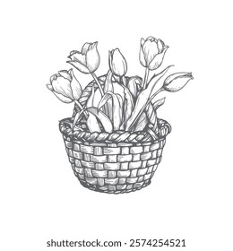 Basket with tulips. Hand drawn sketch style springtime flowers. Best for easter and birthday postcards and posters. Vector illustration isolated on white.