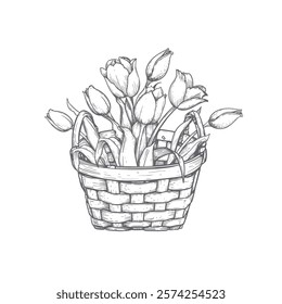 Basket with tulips. Hand drawn sketch style springtime flowers. Best for easter and birthday postcards and posters. Vector illustration isolated on white.