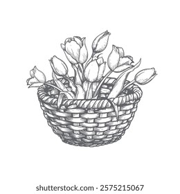 Basket with tulips. Hand drawn sketch style springtime flowers. Best for easter and birthday postcards and posters. Vector illustration isolated on white.