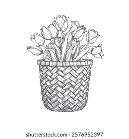 Basket with tulips. Hand drawn sketch style springtime flowers. Best for easter and birthday postcards and posters. Vector illustration isolated on white.