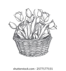 Basket with tulips. Hand drawn sketch style springtime flowers. Best for easter and birthday postcards and posters. Vector illustration isolated on white.