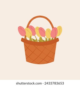 Basket with tulips. Hand drawn spring flowers. Vector illustration