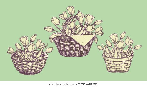 Cesta con tulipanes. Colección de flores de primavera dibujadas a mano. Mejor para postales y carteles de Pascua y cumpleaños. Ilustración vectorial.