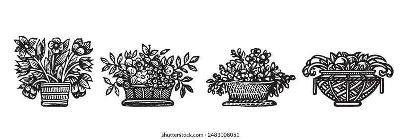 Basket, vase with flowers. Antique, retro, vintage hand drawn illustration. Linocut drawing. Vignette floral element. Baroque, victorian retro emblem.