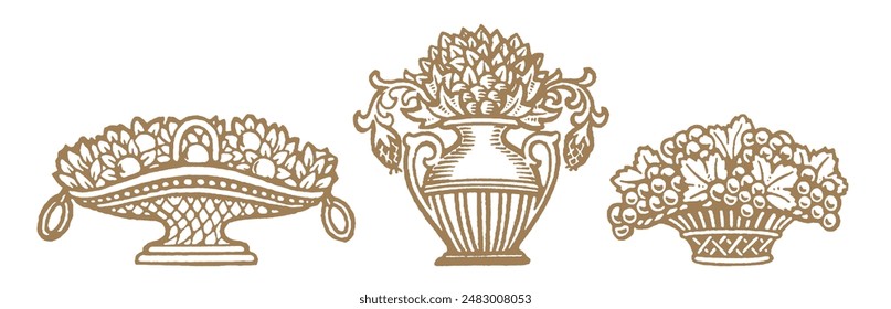 Basket, vase with flowers. Antique, retro, vintage hand drawn illustration. Linocut drawing. Vignette floral element. Baroque, victorian retro emblem.