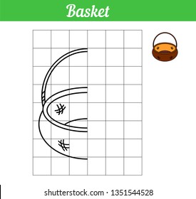 Basket. Vector game copy the picture. Simple coloring book with grid for printing and paint. Illustration easy game for education kids. Contour half object for repeating on sample.