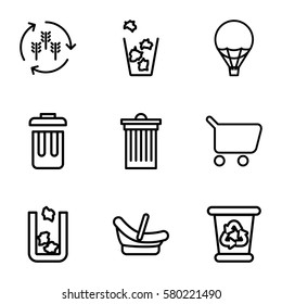 basket vector icons. Set of 9 basket outline icons such as trash bin, harvest, baby basket, recycle bin, bin, air balloon