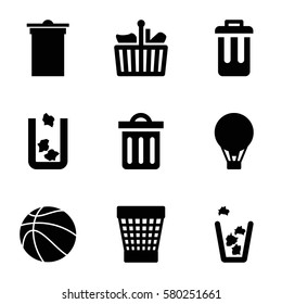 basket vector icons. Set of 9 basket filled icons such as trash bin, delete trash bin, bin, basketball, air balloon