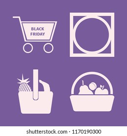 basket vector icons set. with tumble dry, basket apple apricot pear, basket pineapple banana and shopping cart in set