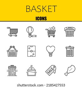 basket vector line icons set. shopping cart, hot air balloon and shopping cart Icons. Thin line design. Modern outline graphic elements, simple stroke symbols stock illustration