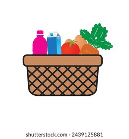 a basket with a basket of vegetables and a bottle of water.