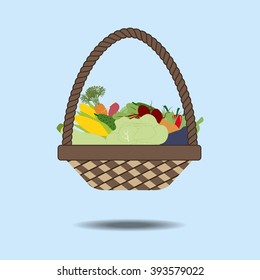 Basket with vegetables. Cabbage, radish, cucumber, pepper, squash, zucchini, eggplant, carrot, beet, corn. Vector illustration