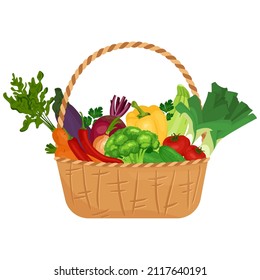Basket with vegetables cartoon vector illustration. Vegetarian nutrition market concept: onion leek tomato broccoli carrot salad and other product. Organic healthy food harvest delivery package