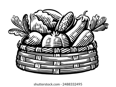 Cesta con verduras. Comida sana orgánica de granja. Dibujo dibujado a mano en Ilustración vectorial de estilo de grabado