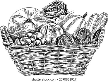 Basket with vegetables. Basket with vegetables and fruits in the retro style. Sketchy hand-drawn vector illustration.