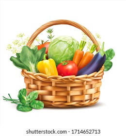 Basket with vegetables and herbs isolated on white. Vector illustration.