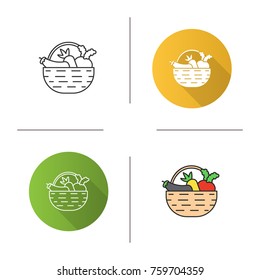 Basket with vegetables icon. Flat design, linear and color styles. Autumn harvest. Carrot, eggplant, beetroot. Isolated vector illustrations